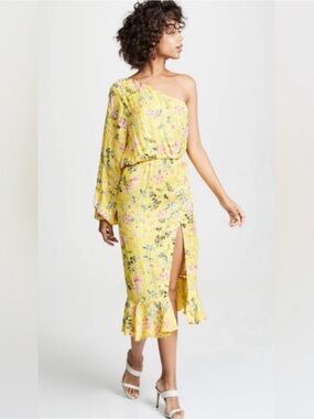 HEMANT & NANDITA Yellow Floral One-Shoulder Midi Dress